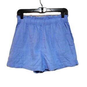 H&M Linen Shorts Womens Small Blue Paper Bag Elastic Waist Beachy Festival Boho